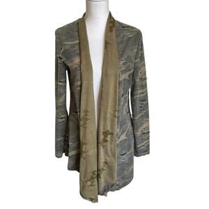 12PM by Mon Ami Cardigan Size Large Camo Green Distressed Double Layer Knit